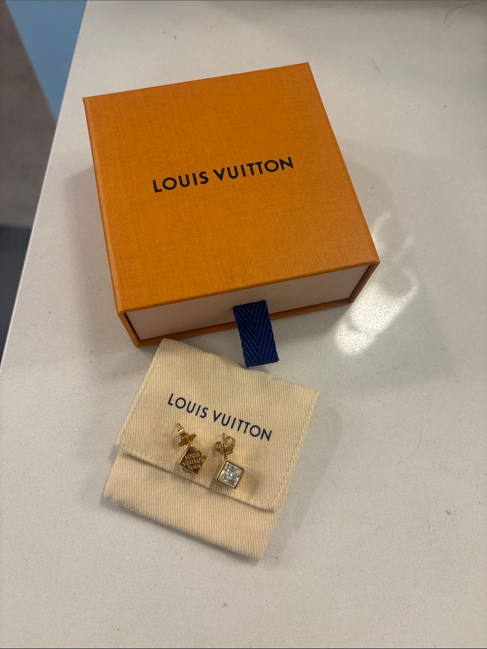 Louis Vuitton Gold and Clear Cube Stud Earrings - Picture 3 of 3